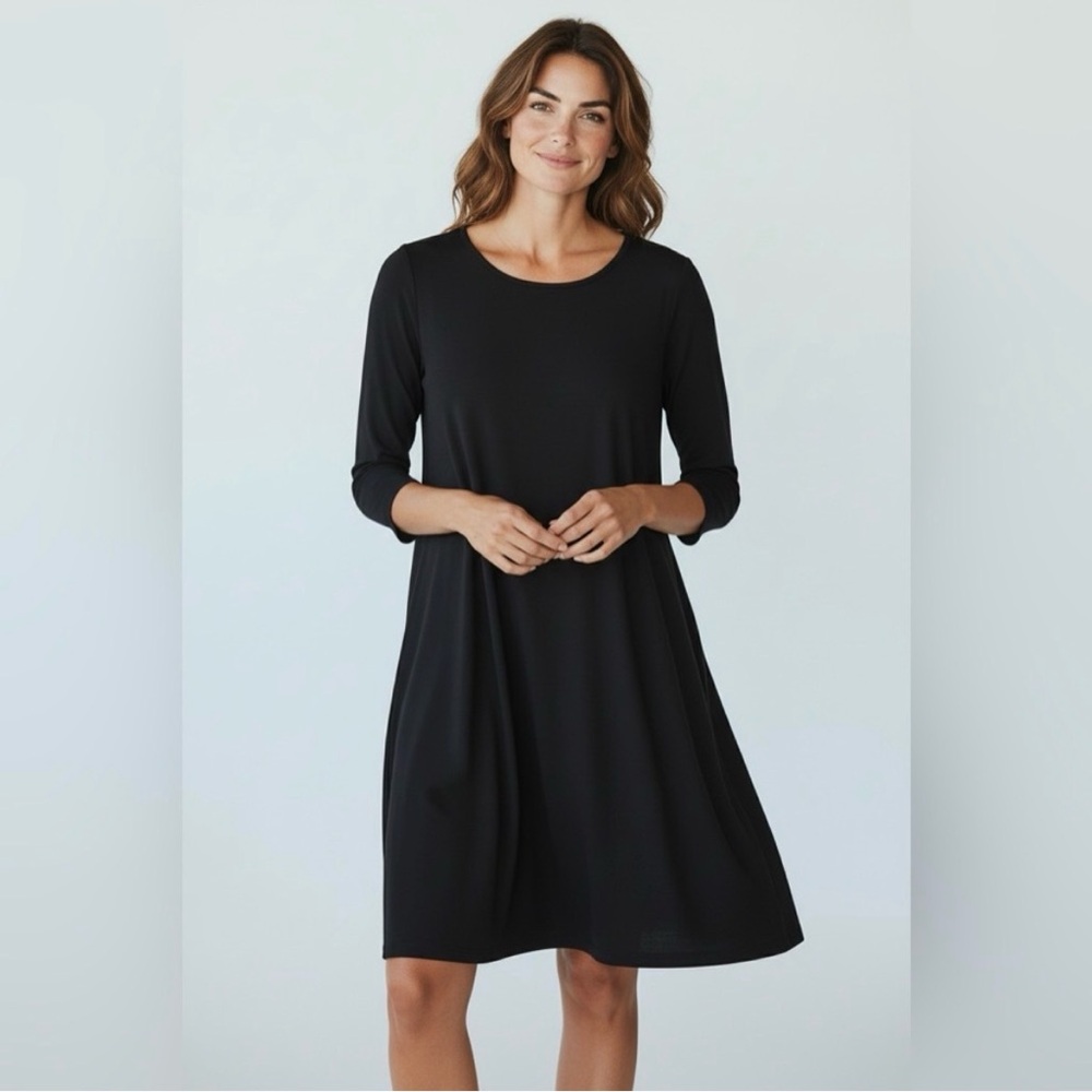 Eileen Fisher Dress Black Swing Jersey Knit Trapeze XS 3/4 Sleeve Minimalist LBD